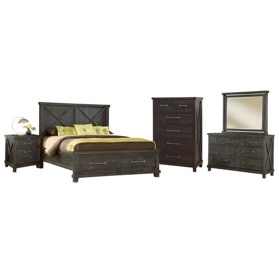 Yanez 5PC Full Storage Bed, Nightstand, Dresser, Mirror & Chest Set in Charcoal - Solid Wood