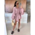 thumbnail image 4 of Women'S Layered Bell Sleeve Tie Neck Mini Dresses Ruffle Belted Tunic Dress Pink L, 4 of 9
