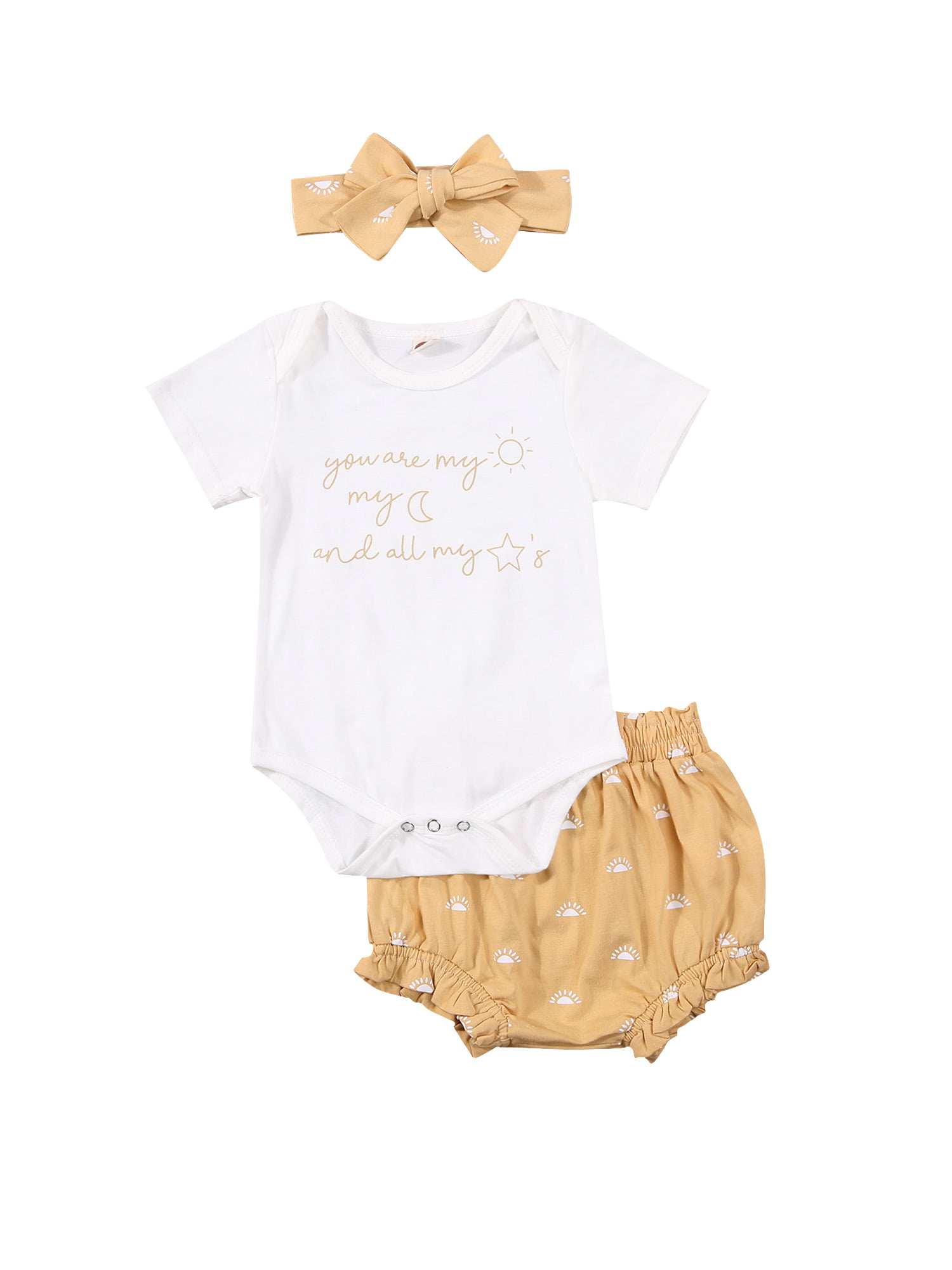 Newborn Baby Girl Summer Clothes Set Letter Printed Short Sleeve Bodysuit Romper Top Headband 3Pcs Outfits Shorts 