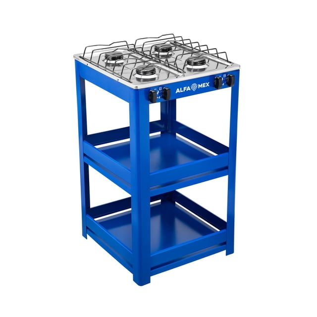 parrilla de gas 4 quemadores con estante y cubierta de acero inoxidable alfa 412-7 Parrilla de gas azul con cubierta de acero inoxidable, cuatro quemadores con rejillas metálicas, frente con cuatro perillas y marca ALFA MEX, mueble de tres niveles y estante fijo en pintura electrostática, vista frontal 3/4 sobre fondo neutro; suele usarse también como superficie auxiliar al cocinar.