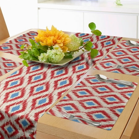 

Ikat Table Runner & Placemats Revival Pattern Classical Diamond Line Pattern with Traditional Design Elements Set for Dining Table Placemat 4 pcs + Runner 12 x72 Red Blue Beige by Ambesonne