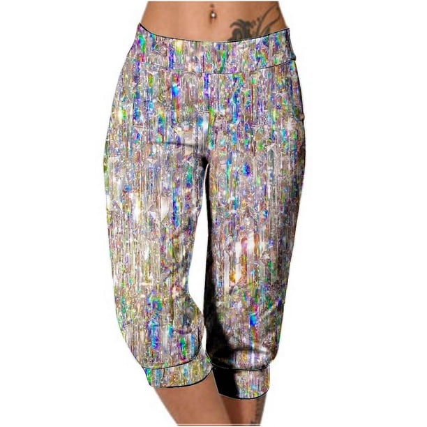 Mujeres Capri Pantalones Casual Suelto Largo Pantalones de Impresión con Corbata Elástica Cintura Y Bolsillos