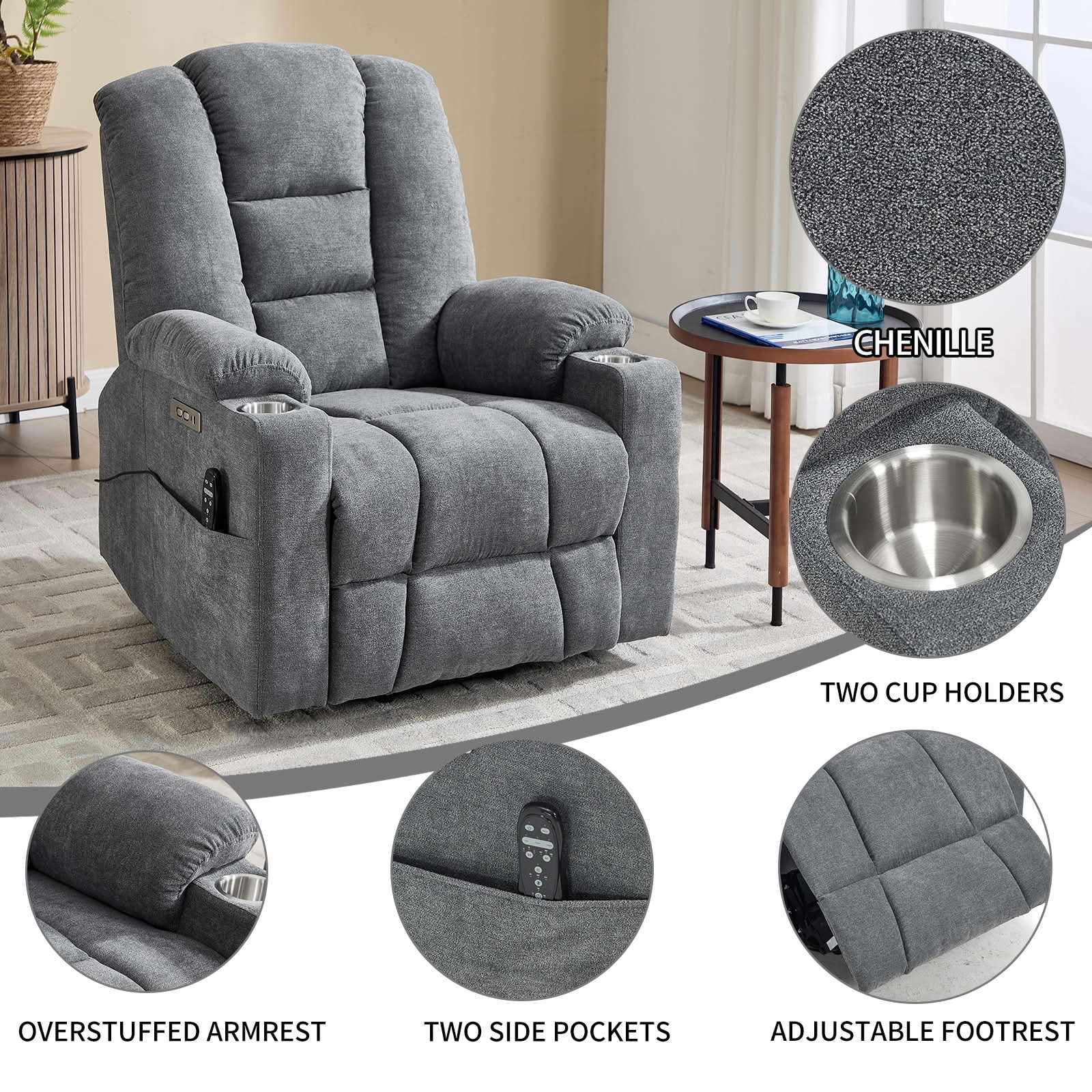 MAYEERTY Grey Chenille 350lbs Power Lift Recliner, Massage Heat USB-C 34"x39"x42" Wide Overstuffed for Elderly