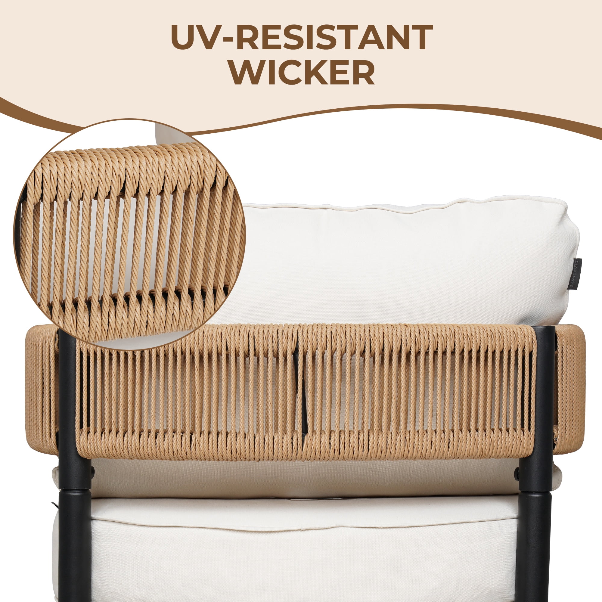 GRANDPATIO Woven Wicker 5-Piece Steel Outdoor Conversation Sets with Cushion, Khaki Wicker & Beige Cushion