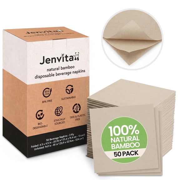 Jenvita Bamboo Paper Cocktail Napkins, 2-Ply Light Brown, 50 Pack