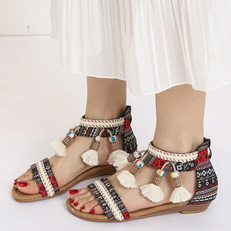 

Women‘s Tribal Print Tassel Sandals Wedge Stacked Heeled Open Toe Ankle Strap Back Zipper Sandals Women‘s Retro Shoes