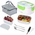 thumbnail image 1 of Heated Lunch Box, 40W Lunch Box with Spoon and Two Compartments, 2 in 1 Electric Heated Lunch Box, Stainless Steel Heated Bowl 12V/24V/220V (Dark Green), 1 of 5