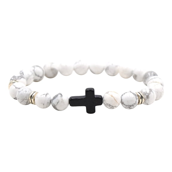 CaiYueKe Natural Stone Black Cross Elastic Bracelet, Stretch Beaded Wristband for Men Women, Healing Crystal Cross Charm Bracelet for Couples Family Gift