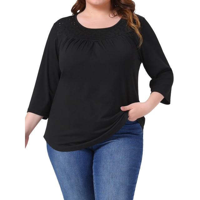 Blusas de Pascua para Mujeres de Talla Grande Agnes Orinda, Blusa de Encaje de Manga 3/4 para Mujeres Curvy, Camiseta Casual Flowy 4X Negra