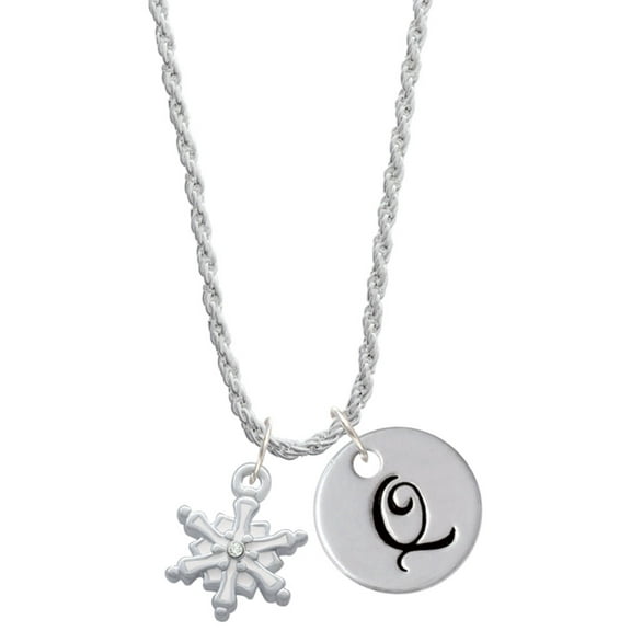 Delight Jewelry White Snowflake with Clear Crystal Silvertone Script Initial Disc - Q - Charm Necklace, 20"+3"