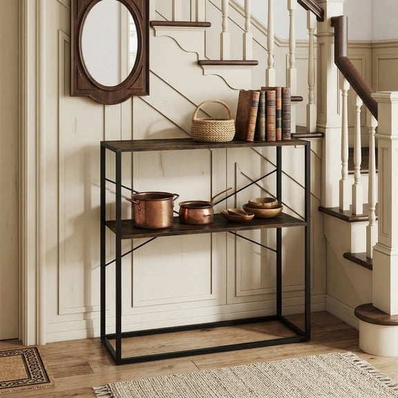Kadyn 36" Console Table with Wooden Open Shelves and Metal Frame, 2-Tier Entryway Table for Hallway, Living Room, Rustic Brown