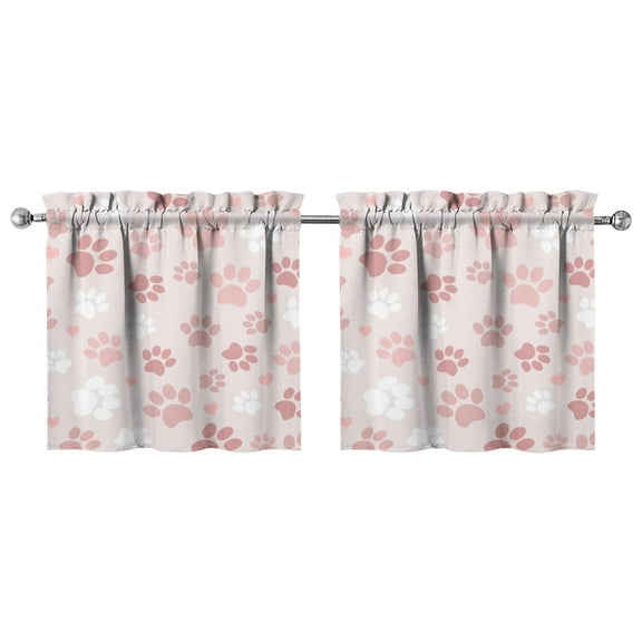 2 Pack Dog & Paw Print Kitchen Curtains 27.5x24 Inch - Cute Canine Floral Tier Curtains for Pet Lovers, Rod Pocket Semi-Sheer Cafe Curtains