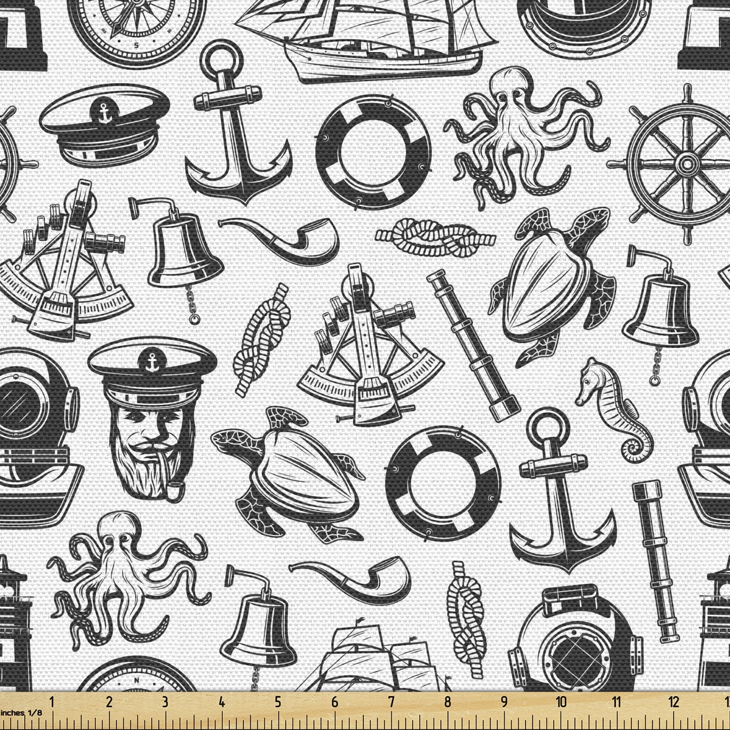 Nautical Fabric by the Yard, Marine Style Elements Scattered Sailor