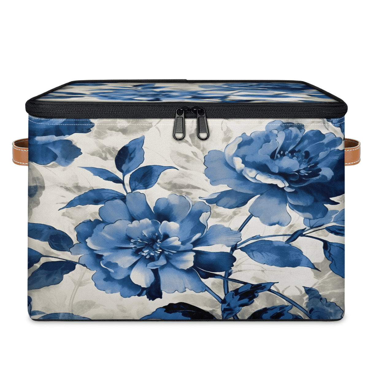 CURLYOOT Watercolor Blue Flower Storage Bin with Zipper Lid, Fabric Decorative Lidded Storage Baskets Boxes, Foldable Organizer Container Basket for Bedroom Closet Shelf