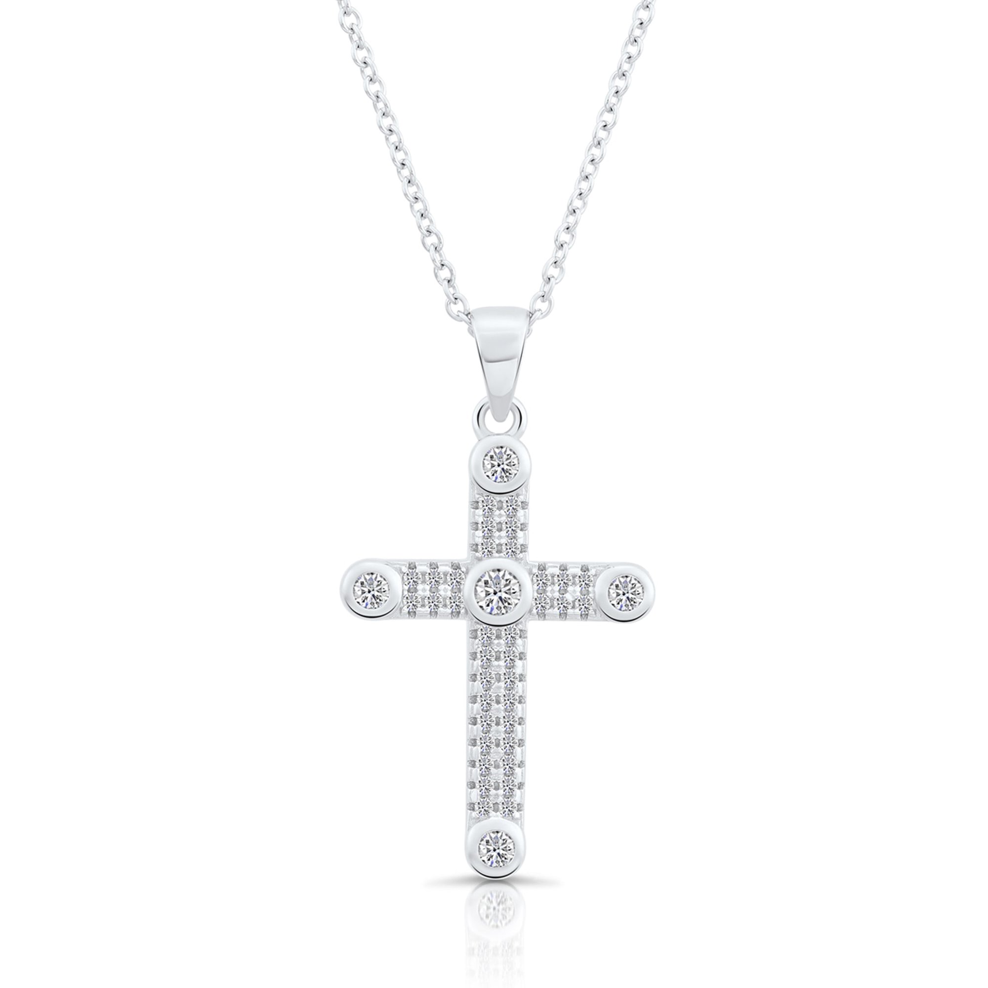Tilo Jewelry .925 Sterling Silver Cross Pendant Necklace with Cubic Zirconia CZ Stones | 16 Inch | Women, Men & Unisex