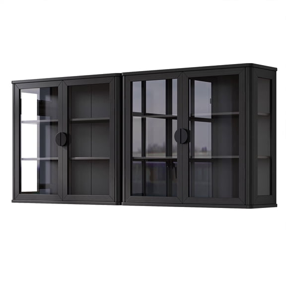 56"W Bathroom Wall Cabinet with Glass Doors, Floating Cabinet with Adjustable Shelf, Wall Mounted Display Cabinet for Kitchen/Living Room/Dining Room, Black (Black and Golden Handle Include)