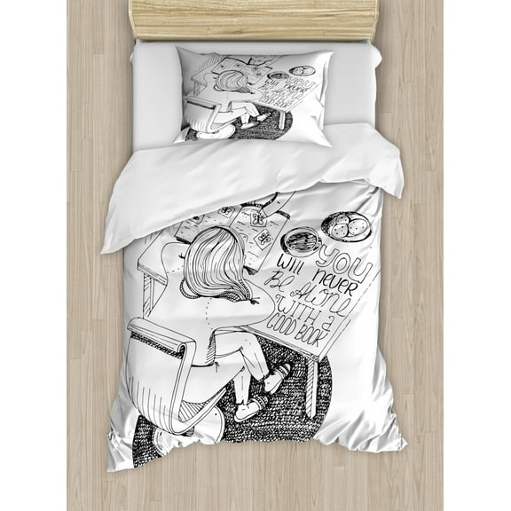 Book Duvet Cover Set Twin Size, Girl and Cat Reading Book on Desk Hand Drawn Cartoon Style with Inspirational Quote, Decorative 2 Piece Bedding Set with 1 Pillow Sham, Black White, by Ambesonne