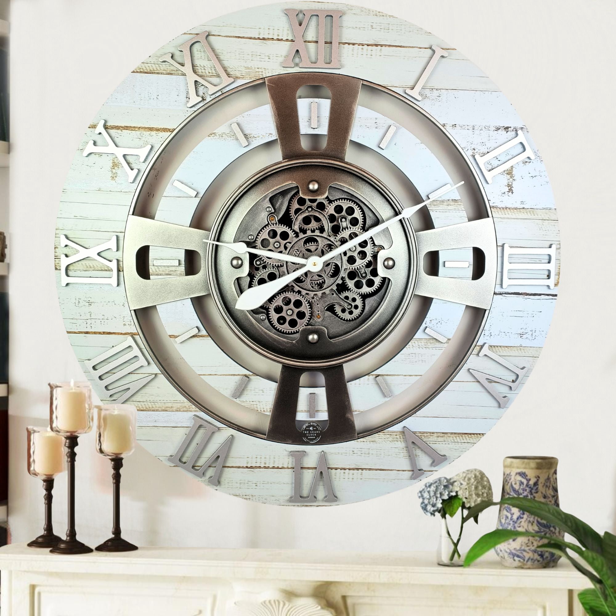 THE GEARS CLOCK Wall Clock with Real Moving Gears EN-LI_ 24 in Round Desert-Beige