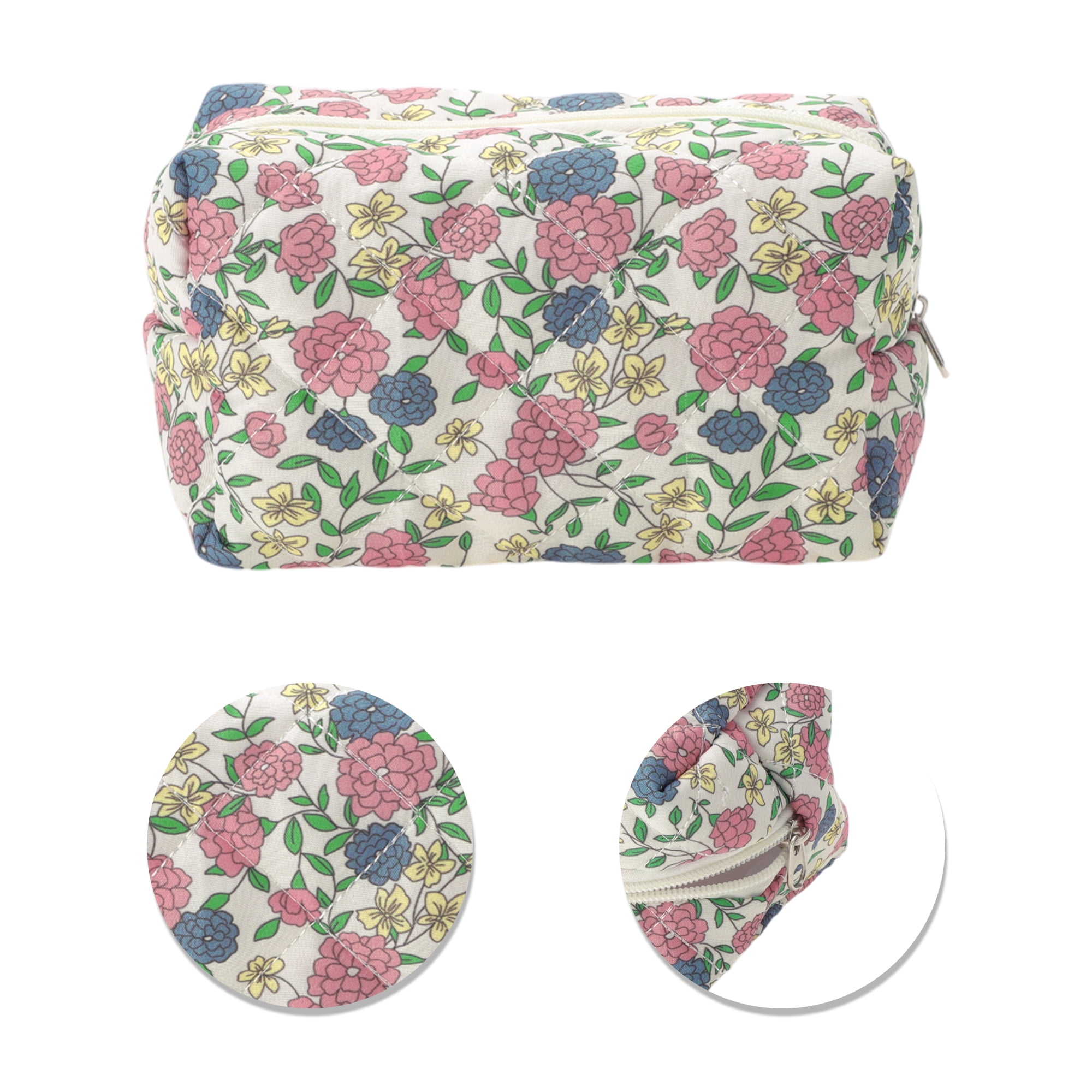 Unique Bargains Quilted Square Flowers Makeup Bag Multicolored for Travel and Storage