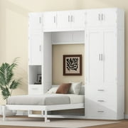 EUROCO Wood Murphy Bed, Storage Wall Bed with Cabinets and Drawers, Clever Furniture Set with Wardrobe for Living Room, Assemble Video Provided, Twin