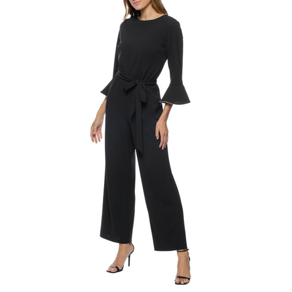 Marina Embellished Crew Neck Circular Sleeve Tie Waist Zipper Back Stretch Crepe Jumpsuit Color: BLACK, Size: 6