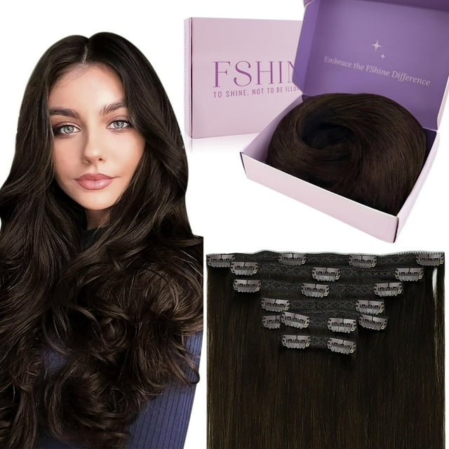 Fshine Extensions à Clip Marron 18 Pouces 120 g Cheveux Humains Brun Foncé 7 Pcs Extensions à Clip Droites en Cheveux Véritables pour Femmes