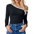 thumbnail image 1 of Camisa negra lisa para mujer: camisetas informales de manga larga y hombros descubiertos, material de poliéster, tallas S-L para primavera/otoño/verano, 1 of 4