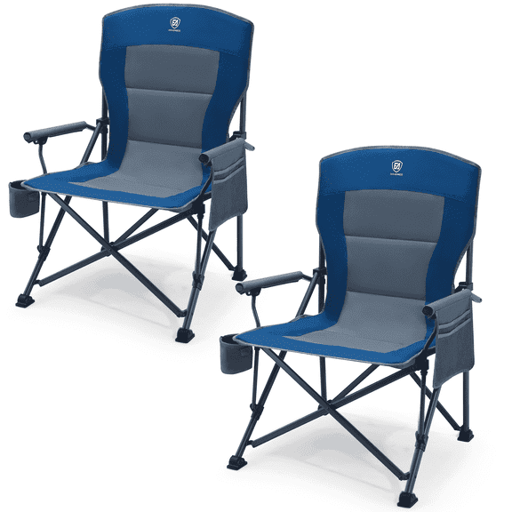EVER ADVANCED 2 Pack Oversized Folding Camping Chair, High Back Lawn Chair for Adults with Side Pockets & Cup Holder, Support Up to 500lbs, Blue