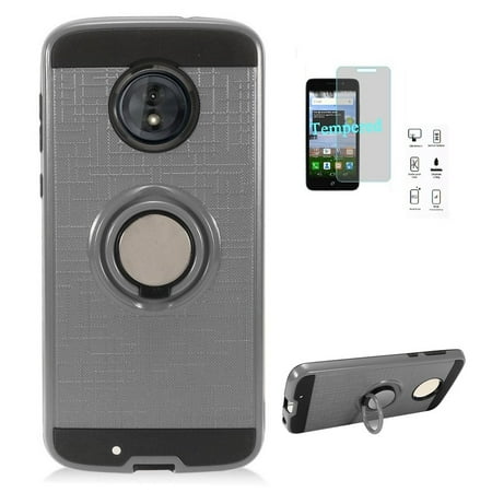 Motorola Moto G6 Case, Phone Case for Straight Talk Motorola g6 Prepaid Smartphone, Metal Texture Design Ring Stand Case + Tempered Glass Screen Protector