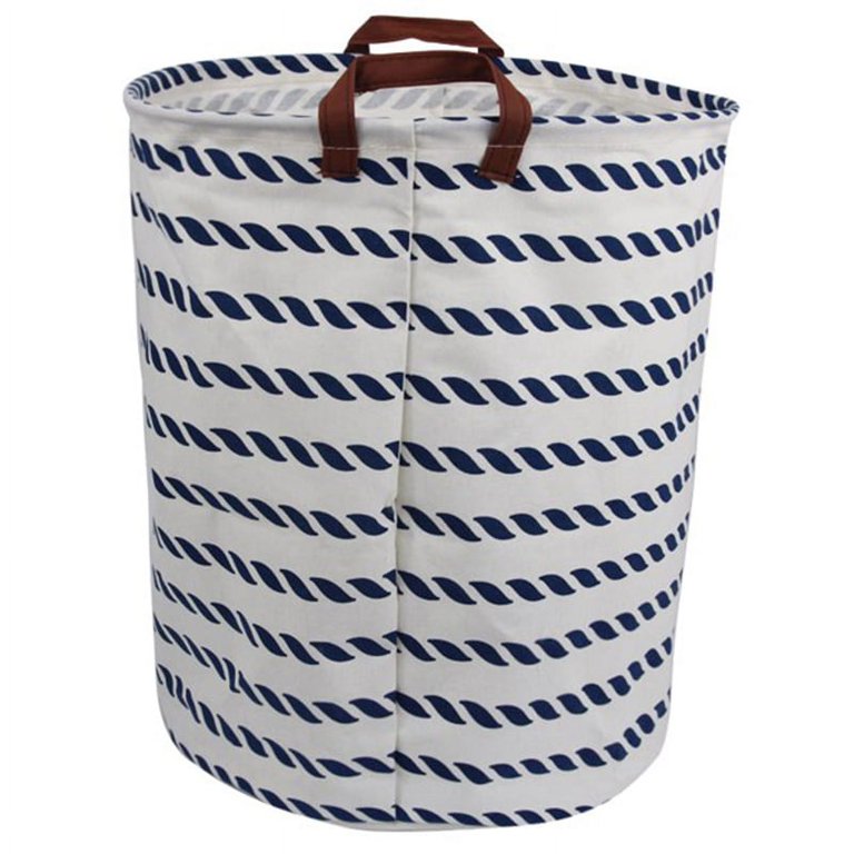 at Home Round Collapsible Canvas Laundry Hamper with Drawstring Liner, Navy Blue