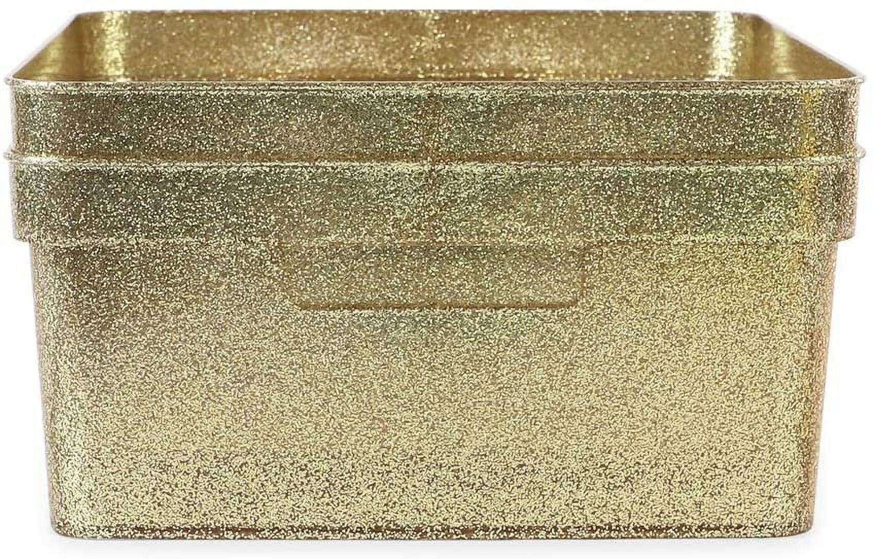 Isaac Jacobs Medium Glitter Storage Bin 14 x 11.5 x 5.5 Set w/Cut-Out Handles, Plastic Organizer, Multi-Functional, Home Storage Solution, 2, Gold