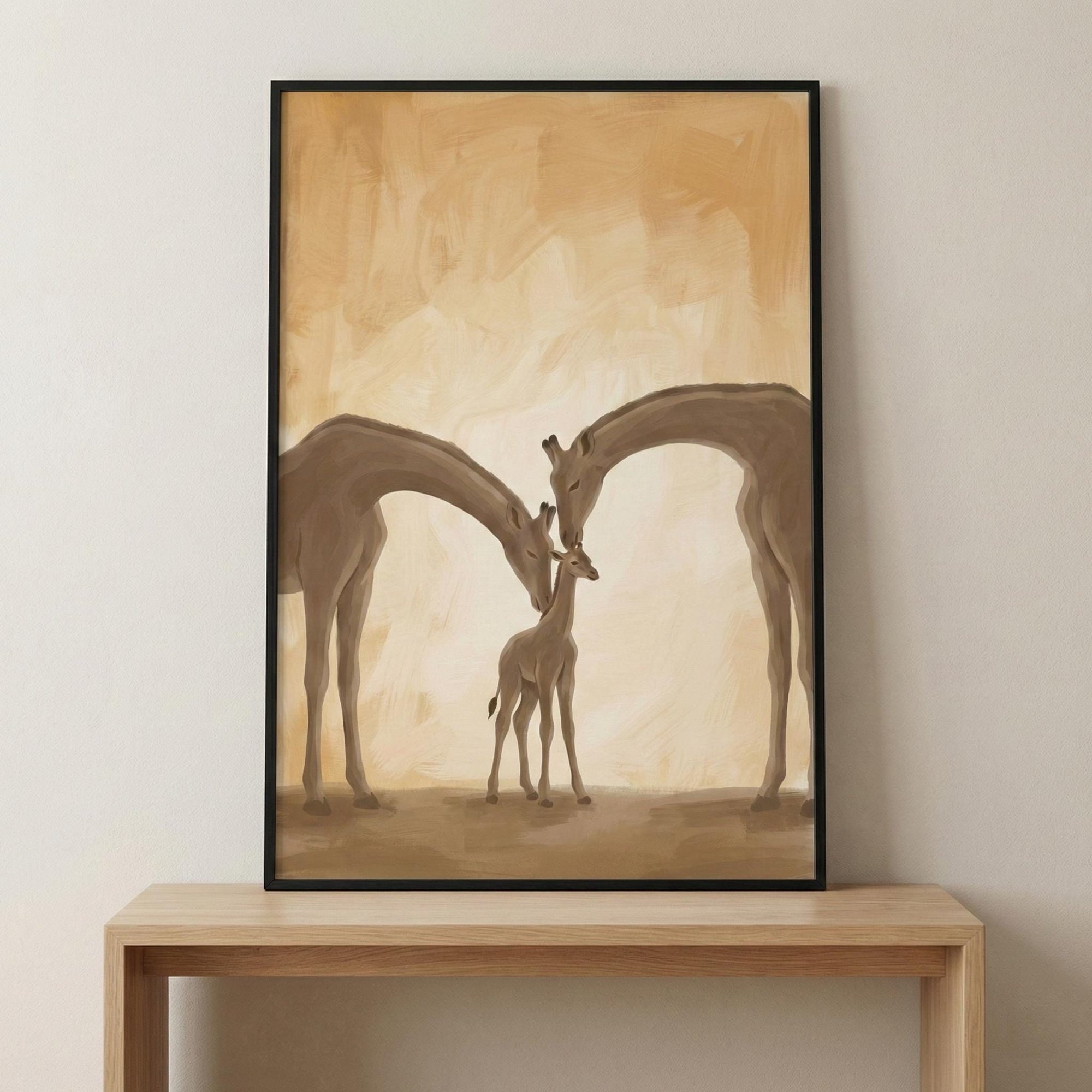 Giraffe Family Neutral Safari Animal Earth Tone Minimalist Giraffe Safari Nursery Poster , Poster Print Only