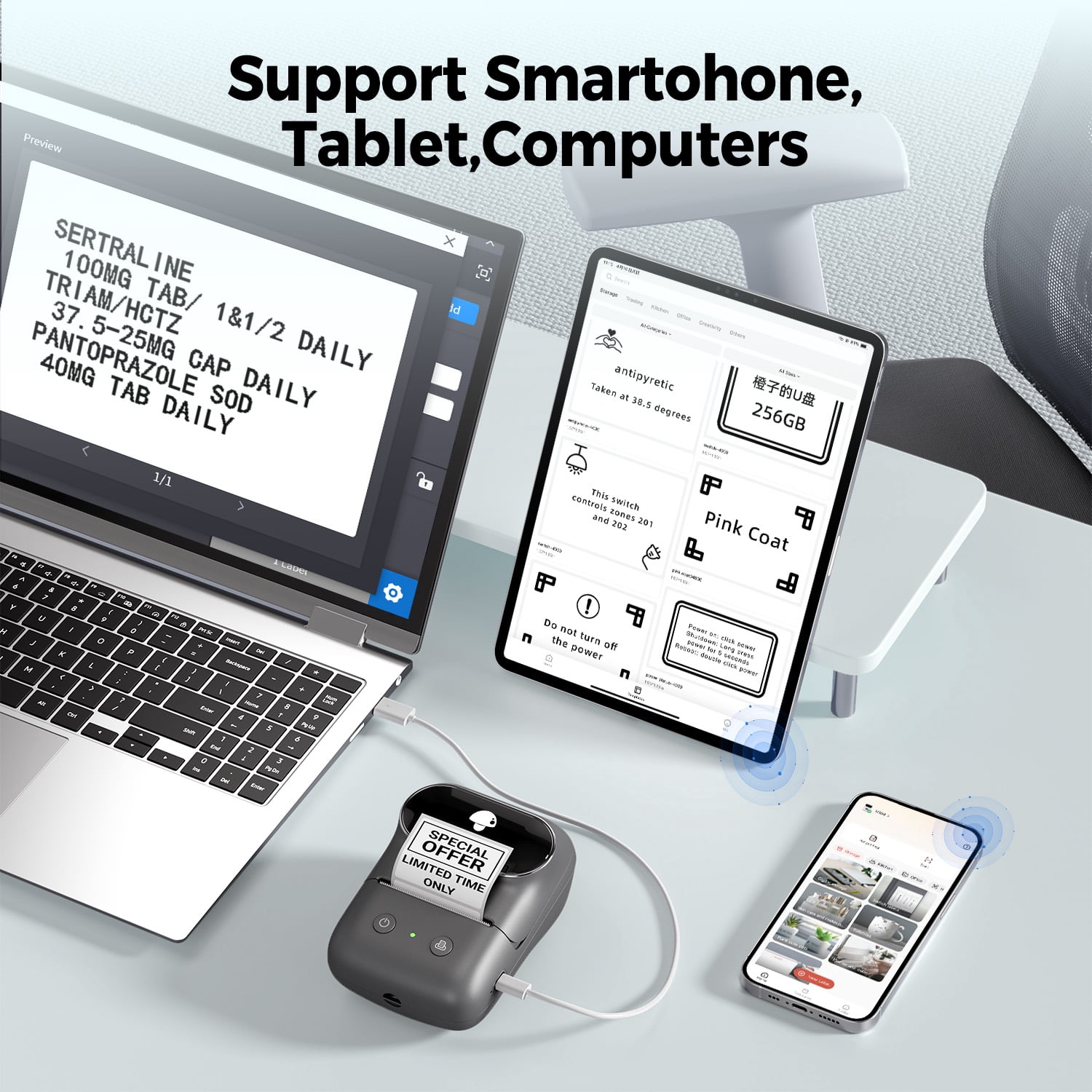 【 Phomemo Label printer】Label printer+4 rolls of thermal label paper, thermal label printer, printing width 20-50mm, one click printing（label maker）