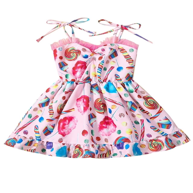 Robe d'Été pour Tout-Petite Fille, Imprimé Bonbon, Bretelles Spaghetti, Sans Manches, Coupe Trapèze