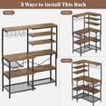 thumbnail image 4 of L-Shaped Bakers Rack with Power Outlet, 6-Tier Microwave Stand with Open Storage, Coffee Bar with Hooks, Mesh Grid, Kitchen Shelf with Wire Basket, Rustic Brown and Black, 4 of 8