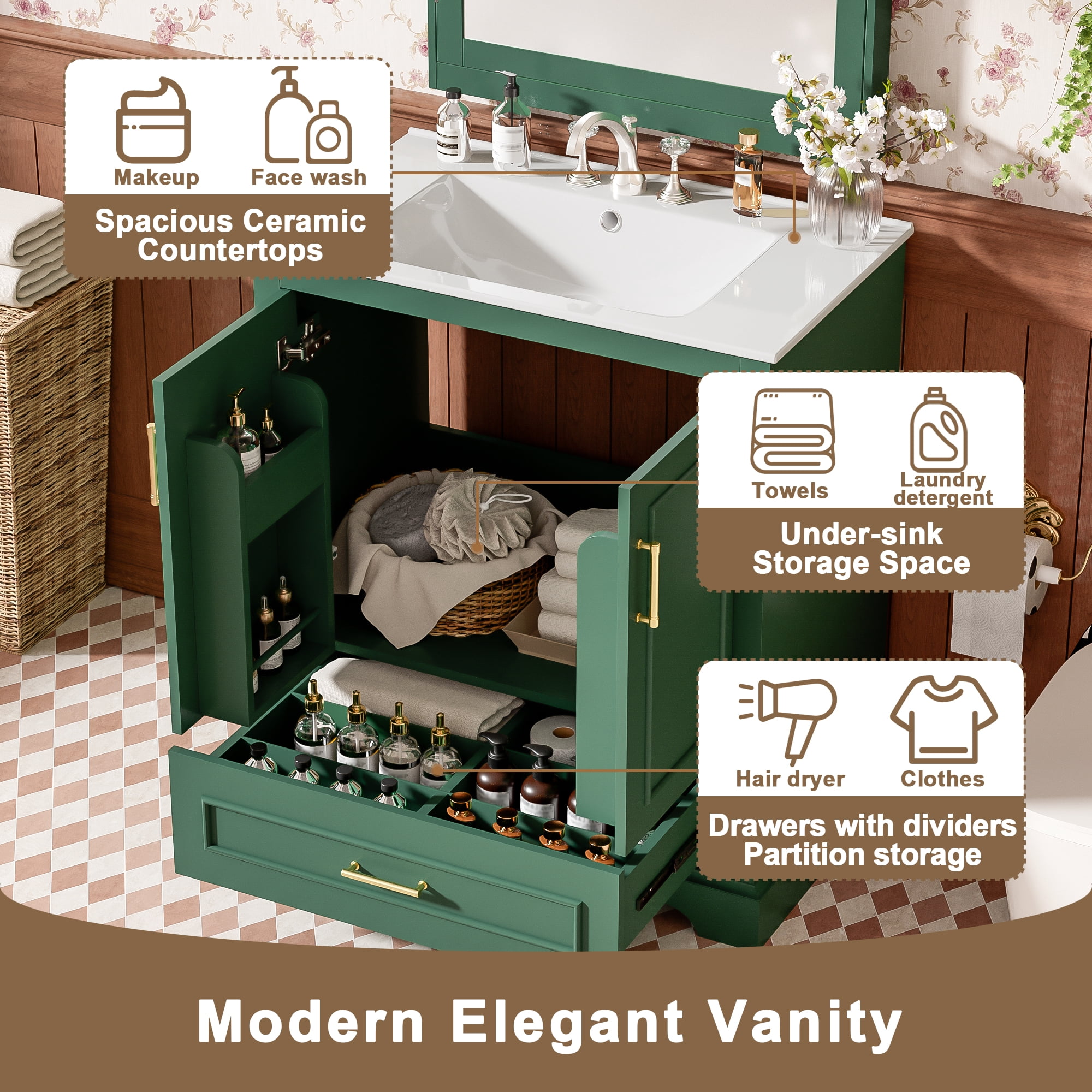 Harper & Bright Designs 30" Modern Bathroom Vanity with Sink, Bathroom Cabinet Freestanding with Drawer, Single Sink Bathroom Vanity, Green