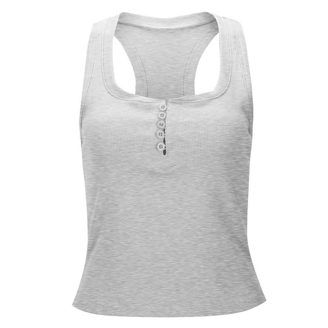 Camiseta sin mangas con cuello en U bajo y detalle de botones para mujer - Entallada, sin mangas, poliéster, para outfits de día/noche (tallas S-XL)