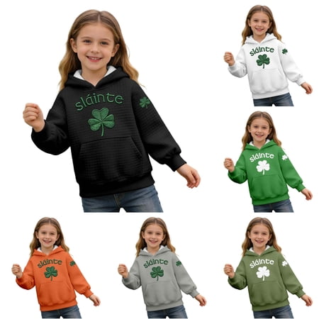 SONXAHE Shamrock Embroidered Hoodie for Girls Letter Phrase Patch Waffle Fabric Pullover Sweatshirts Seasonal Casual Wear Youth Basic Hoodies Black