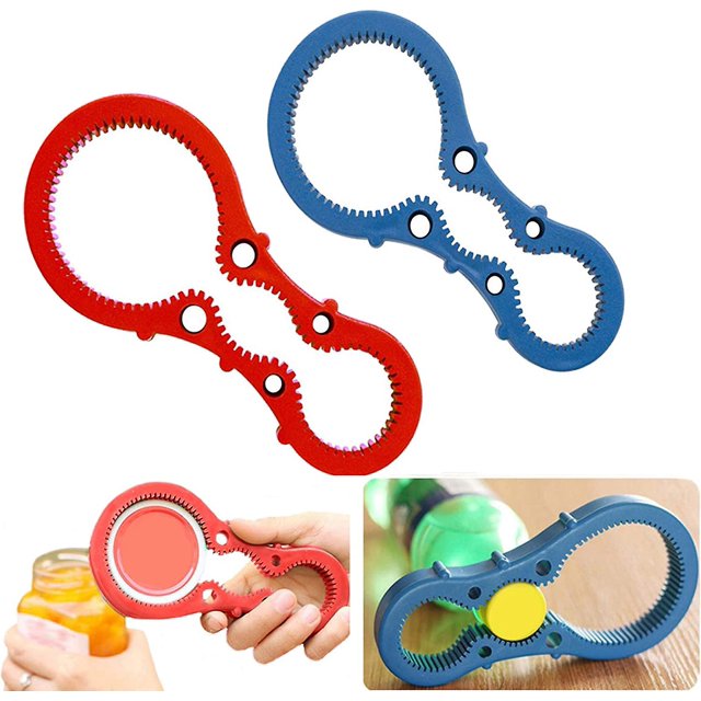 Red BluePaquete de 2 abridores de botellas de silicona 3 en 1, abridor de botellas, tapa de botella antideslizante, abridor de herramientas giratorio de cocina para varias latas de