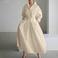 thumbnail image 5 of ClodeEU Women's Linen Blend Collared V Neck High Waist Long Sleeve Maxi Dress ,Solid Color Casual Loose Fit Dress Beige,Women's Plus L, 5 of 8