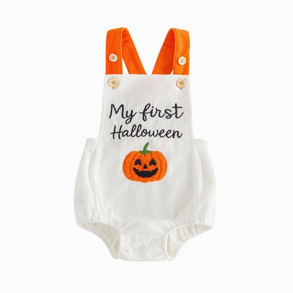 Xyant My First Halloween Baby Boy Girl Outfit Newborn Corduroy Overalls Bubble Romper Pumpkin/Ghost Sleeveless Bodysuit,Size 6-12 Months