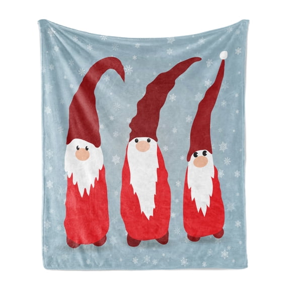 Gnome Soft Flannel Fleece Blanket, Funny Elves in Santa Clothes Xmas Theme in Winter with Snowflakes Humor, Cozy Plush for Indoor and Outdoor Use, 50" x 60", Vermilion Ruby Pale Blue, by Ambesonne