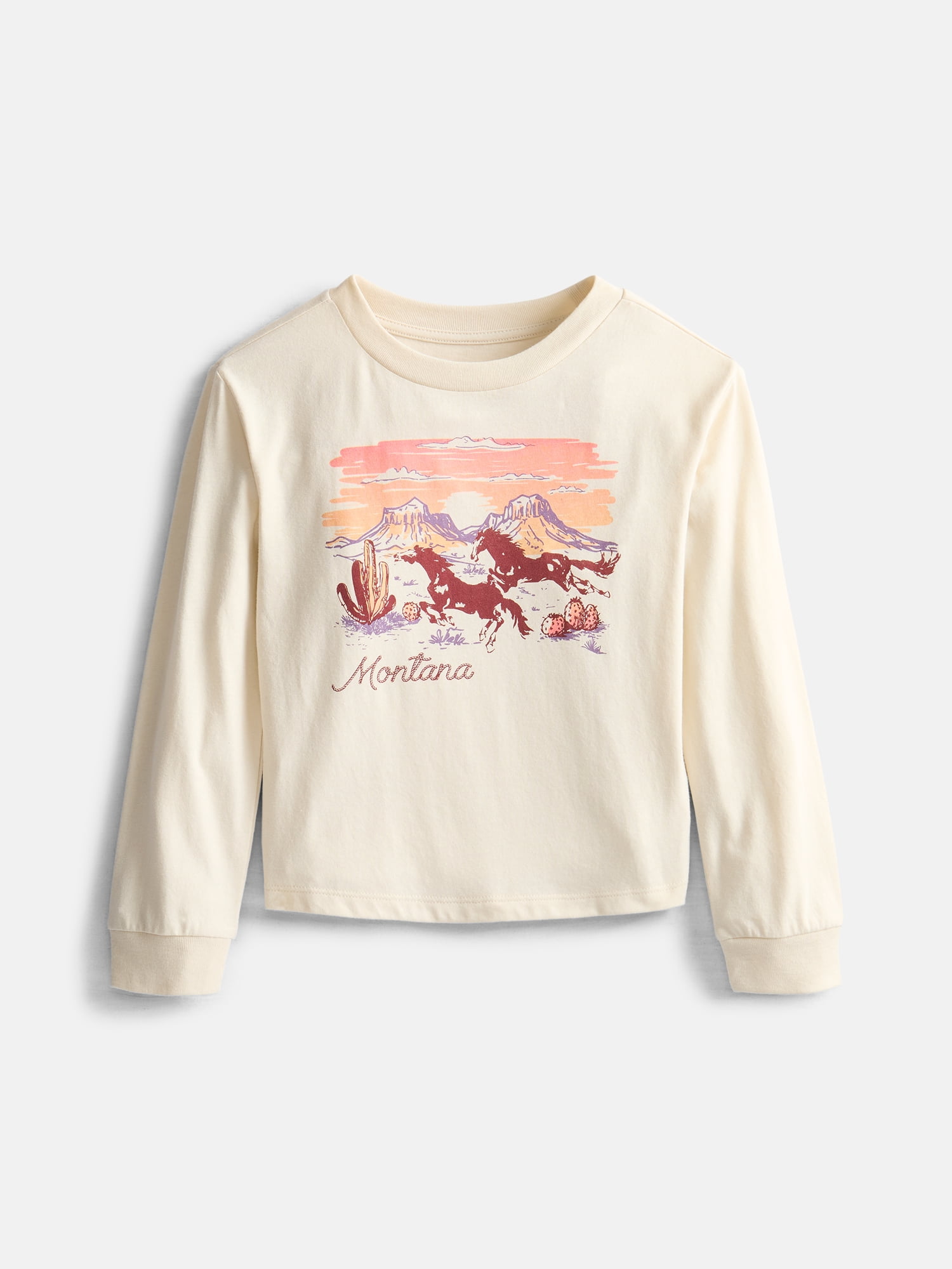 Wonder Nation Girls Graphic Sunset Horses Tee with Long Sleeves, Sizes 4–18