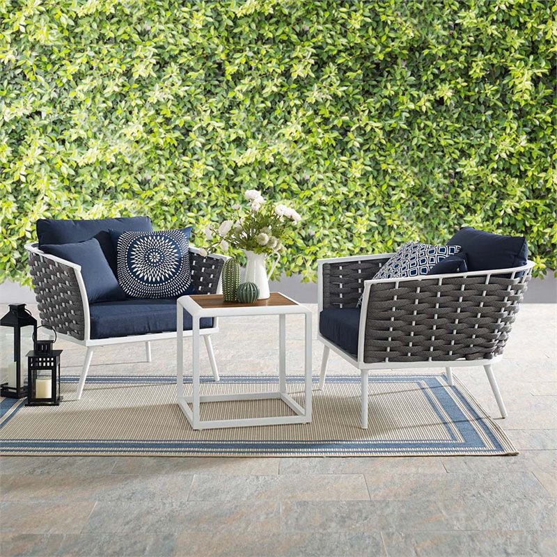 Modway Stance 3-Piece Aluminum & Fabric Patio Set in White and Navy - image 3 of 10