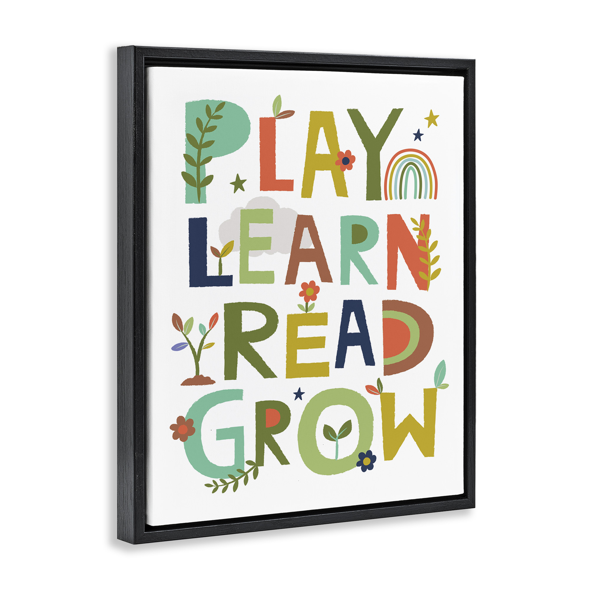 Stupell Industries Play Learn Read Grow Typography Literature & Flim Painting Black Floater Framed Canvas Art Print Wall Art, 25 x 31