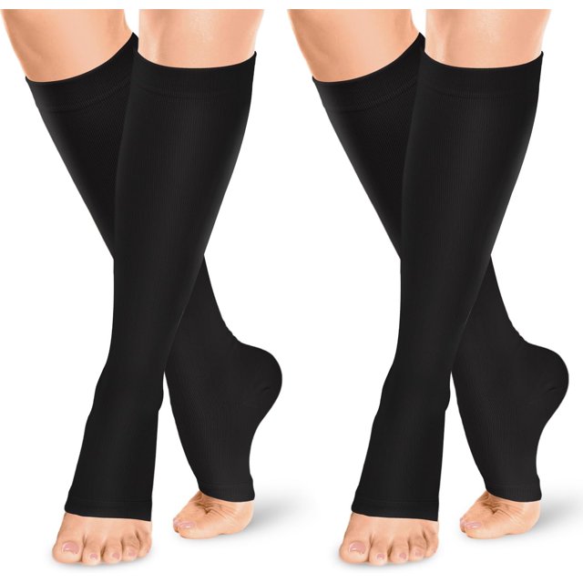 Calcetines de compresión con puntera abierta para mujer y hombre: 2 pares, de 15 a 20 mmHg, hasta la rodilla, sin puntera.