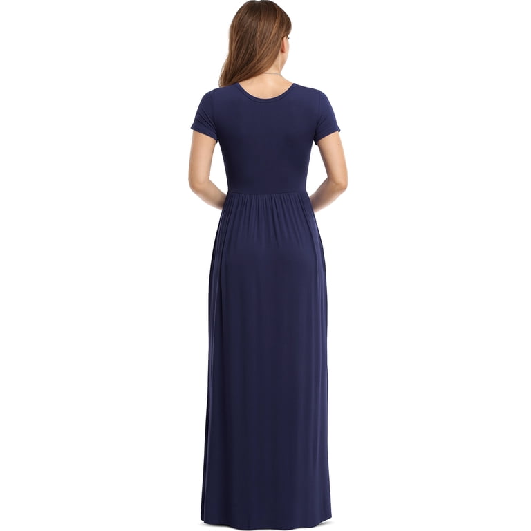 maxi dresses size small Asklazy Women's Short Sleeve Loose Plain Maxi Dresses Casual Long Dresses with Pockets,Mother's Day,Navy blue,S, Size: Small