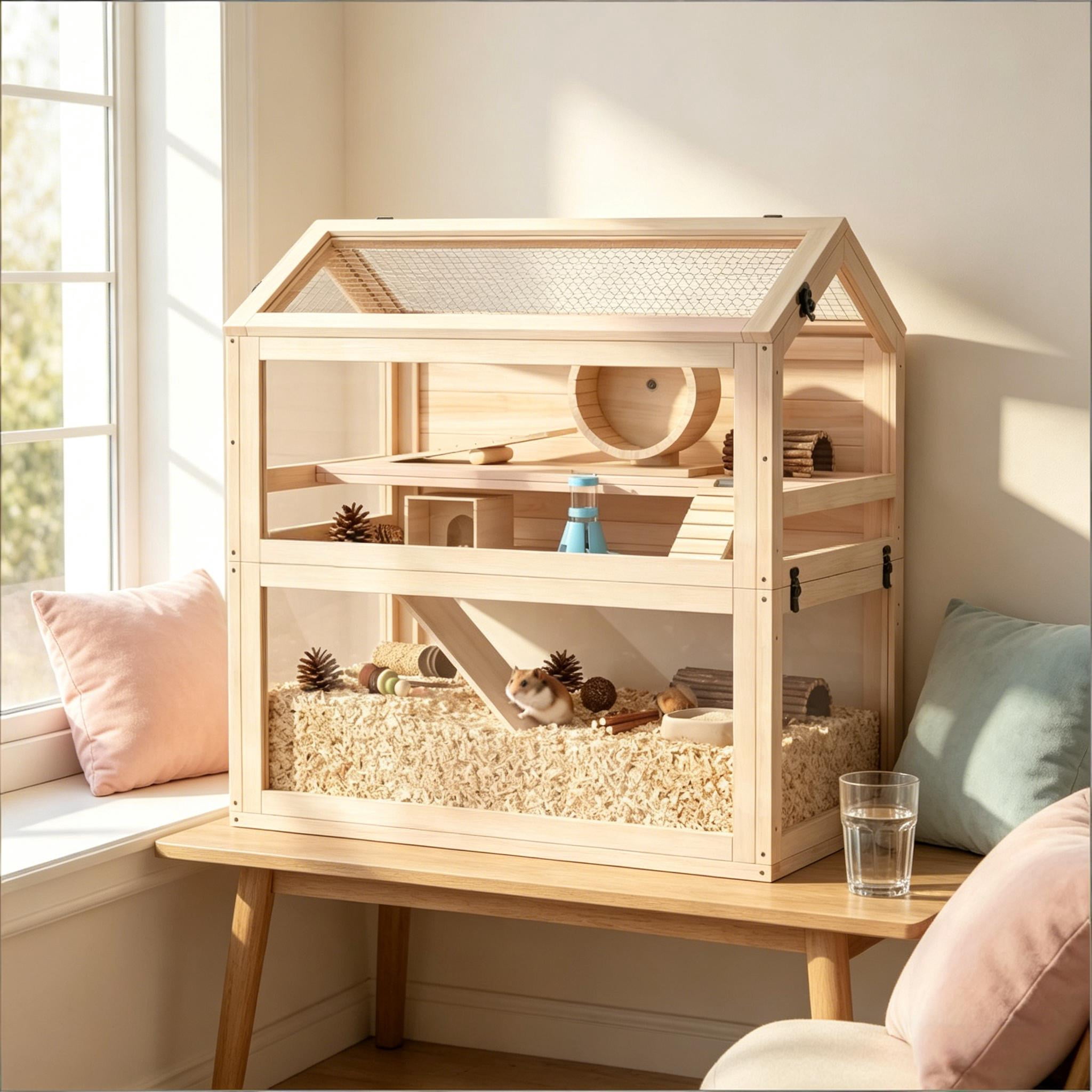 Spacious Small Animal Cage, Wooden Hamster Cage Pet Cage