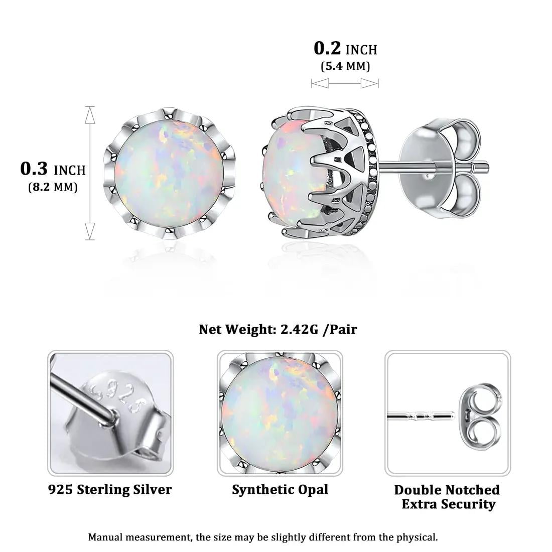 ChicSilver Round Crown Stud Earrings for Women 925 Sterling Silver Created White Opal Zircon Studs Jewelry Gift Hypoallergenic Earrings for Sensitive Ears