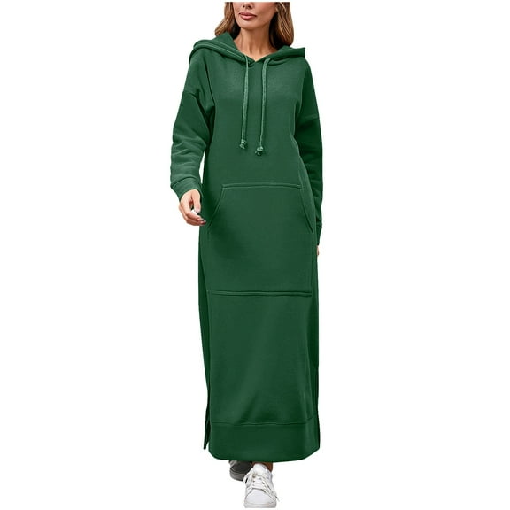 Women's Hooded Maxi Sweatshirt Dress, Long Sleeve Loose Fit Pullover with Side Slits & Kangaroo Pocket, Casual Comfortable Dresses, Fashion Trendy Loungewear, Fall Winter Outfits